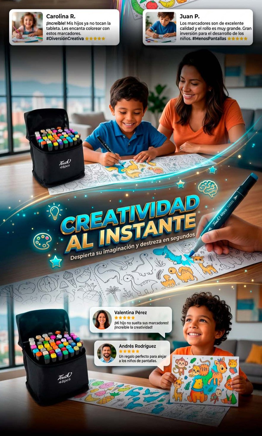 KIT MARCADORES 48PCS+ 2 ROLLOS DE PINTAR